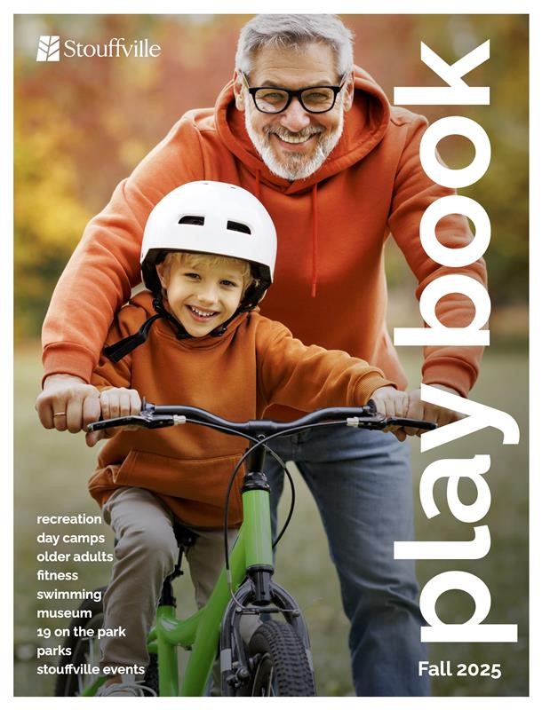 cover for 2025 fall play book with young boy riding bike, supported by caregiver