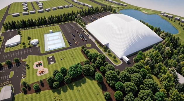 rendering of a sports dome and surround landscape with small lake trees and parking lot