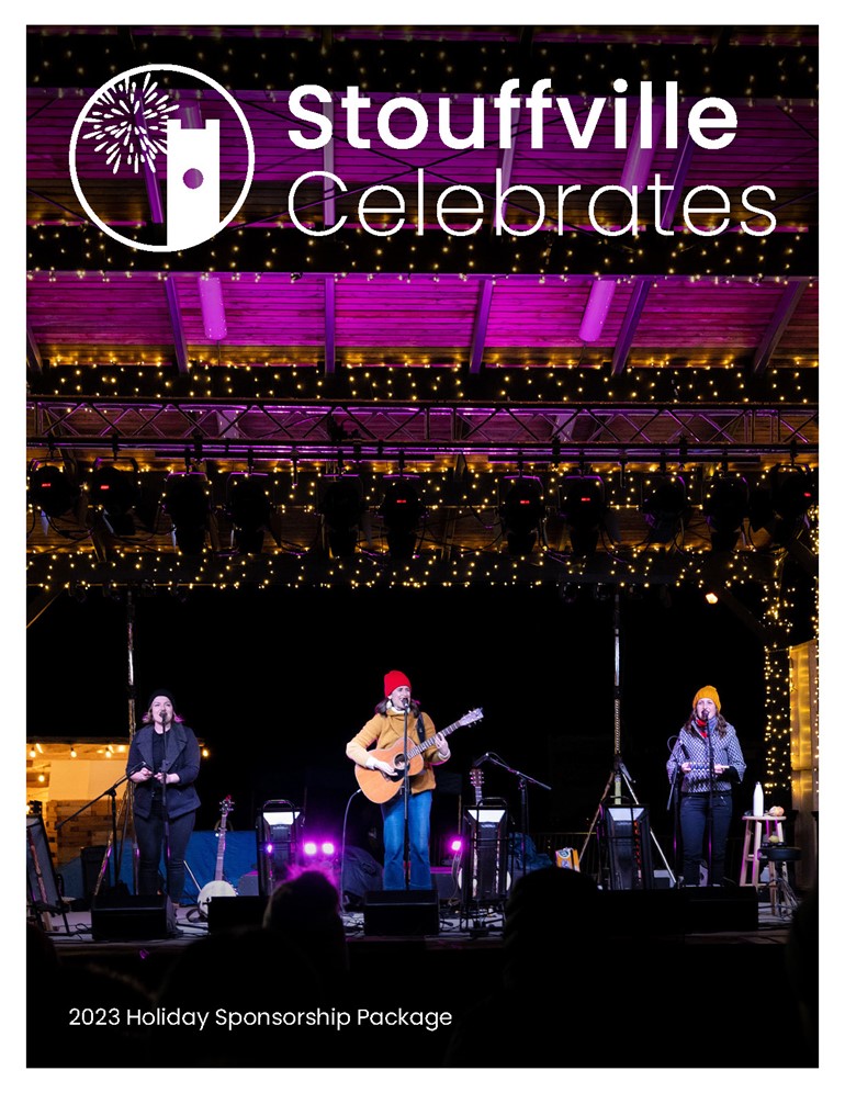 cover of Stouffville Celebrates 2023 Holiday Sponsorship Package with band playing on lit up stage at night